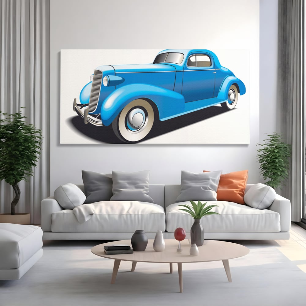 Tablou canvas cu ilustratie cu masina de epoca albastra, fara rama, pe sasiu de lemn, pe perete intr-un living